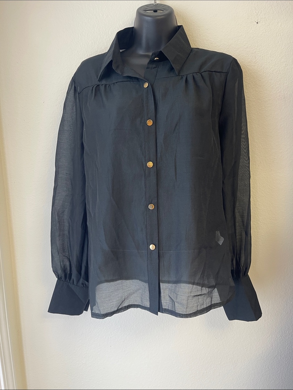 CB casual Sheer Black Button-Front Blouse with Gold Buttons